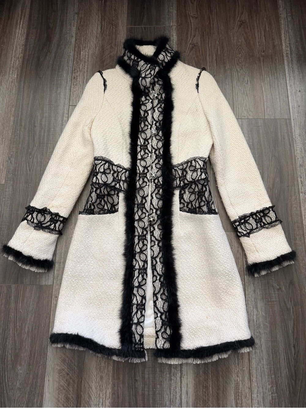 Cream Wool tweed -Blend Long Coat with Black Lace Trim